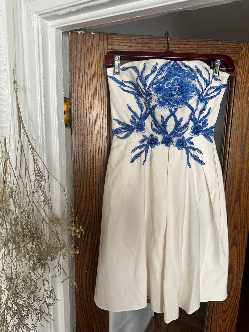 Marchesa Strapless Ivory Dress with Blue Floral Embroidery + Pockets